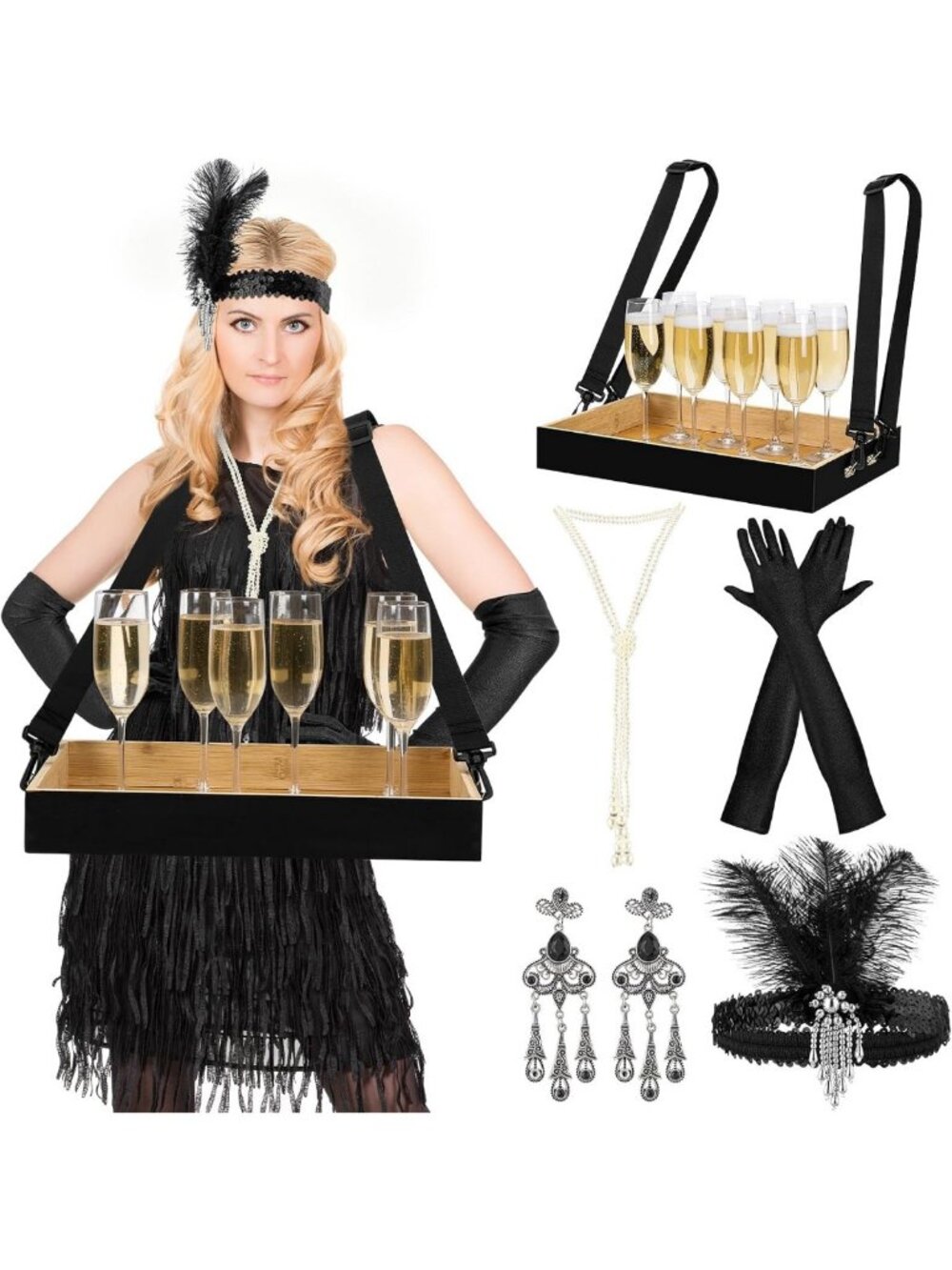1920s Flapper Accessories Set - 6 Vintage-Inspired Pieces with Wooden Tray